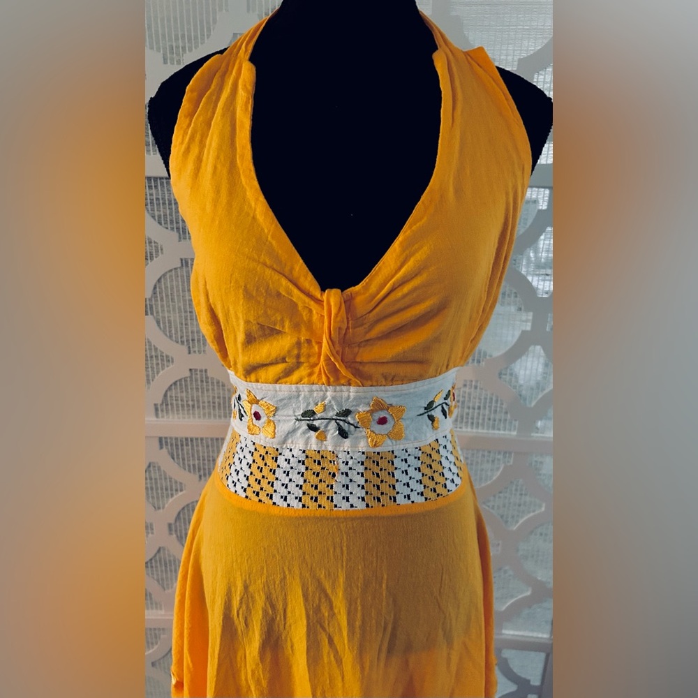 EMBROIDERED SMALL Orange Gold Halter Dress  Floral Boho Cottage Core - Picture 10 of 14